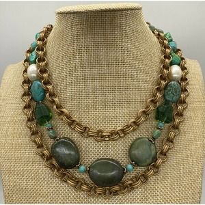 Handmade Faux Pearl Turquoise Howlite Gold Tone Chain Sterling Clasp Necklace